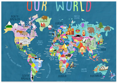 Our World Illustrated World Map for Kids - Stretched Canvas, Poster or Fine Art Print I Heart Wall Art