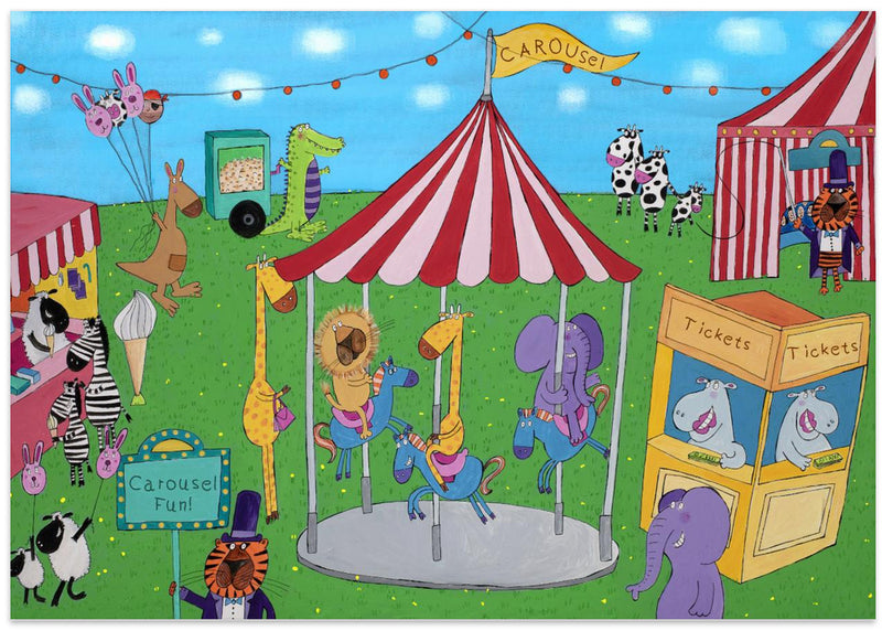 Welcome to the Carousel with Funny Animals by Artist Carla Daly - Stretched Canvas, Poster or Fine Art Print I Heart Wall Art