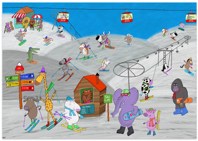 Funny Animals Enjoying the Ski Slopes by Illustrator Carla Daly - Stretched Canvas, Poster or Fine Art Print I Heart Wall Art