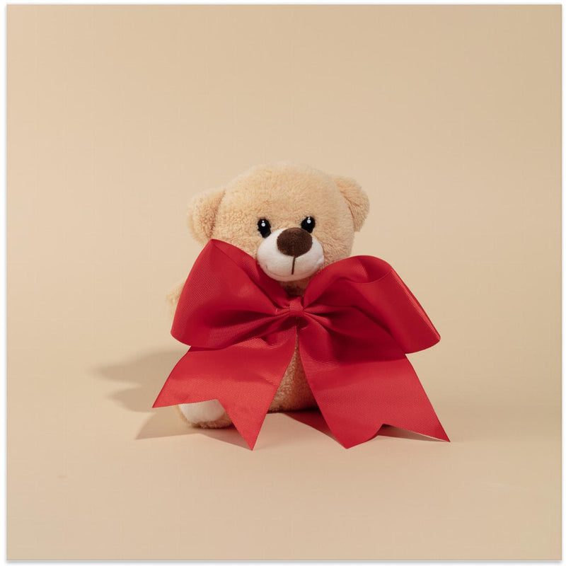 Teddy Bear with Red Bow - Square Stretched Canvas, Poster or Fine Art Print I Heart Wall Art