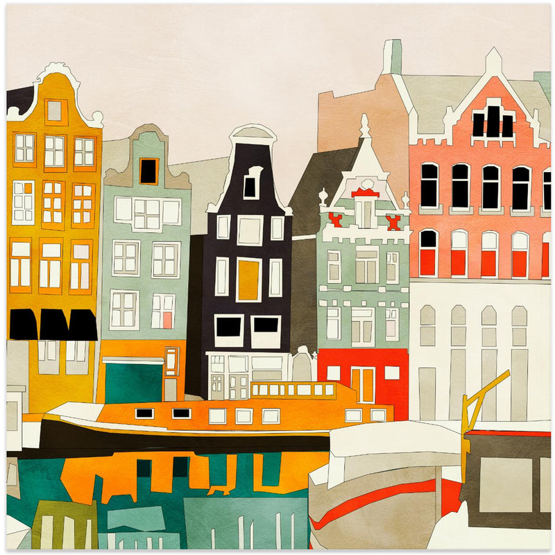 Amsterdam houses with ships, view 1 - Square Stretched Canvas, Poster or Fine Art Print I Heart Wall Art