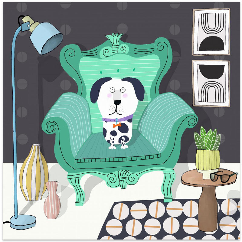 Funny Dog Sitting in a Trendy Interior by Carla Daly - Square Stretched Canvas, Poster or Fine Art Print I Heart Wall Art