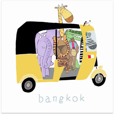 Jungle Animals Take a Ride in a Bangkok Tuk Tuk by Carla Daly - Square Stretched Canvas, Poster or Fine Art Print I Heart Wall Art