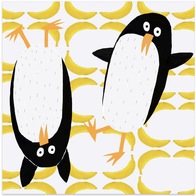 Funny Penguins with Banana Pattern Background by Carla Daly - Square Stretched Canvas, Poster or Fine Art Print I Heart Wall Art