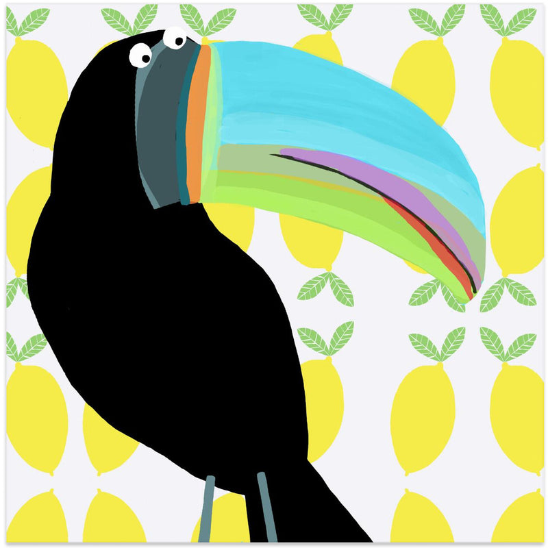 Tropical Toucan Bird with Lemon Pattern Background by Carla Daly - Square Stretched Canvas, Poster or Fine Art Print I Heart Wall Art