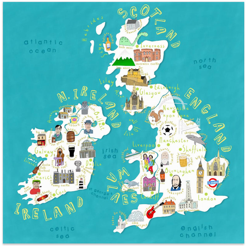 Map of UK and Ireland with Country Icons by Artist Carla Daly - Square Stretched Canvas, Poster or Fine Art Print I Heart Wall Art