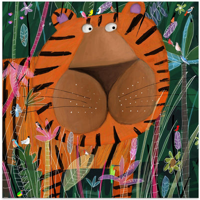 Cute Tiger Peeking Out of the Jungle by Artist Carla Daly - Square Stretched Canvas, Poster or Fine Art Print I Heart Wall Art