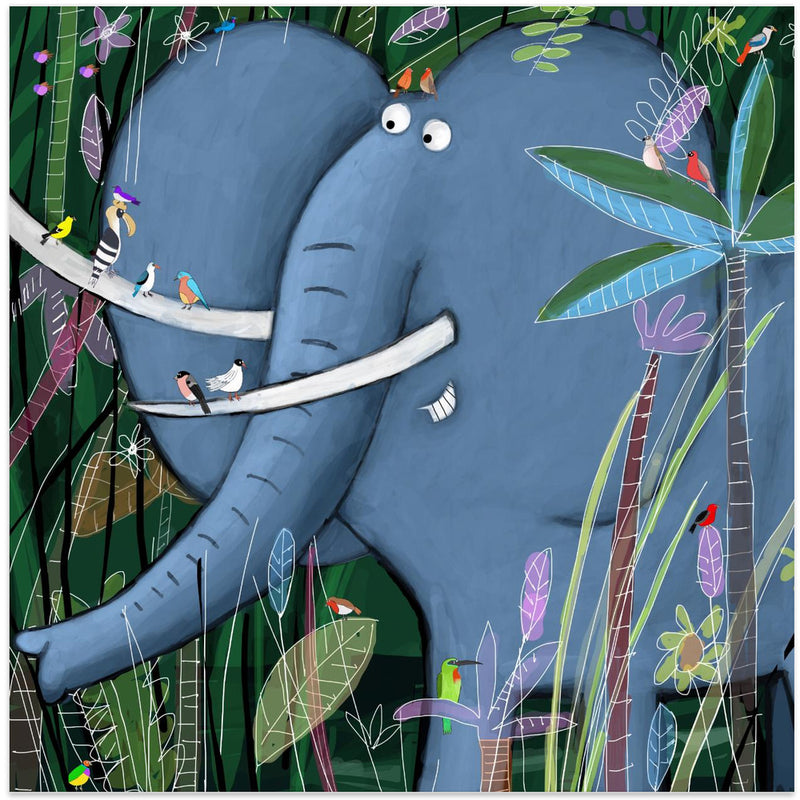 Large Elephant Peeks Out of the Jungle by Artist Carla Daly - Square Stretched Canvas, Poster or Fine Art Print I Heart Wall Art