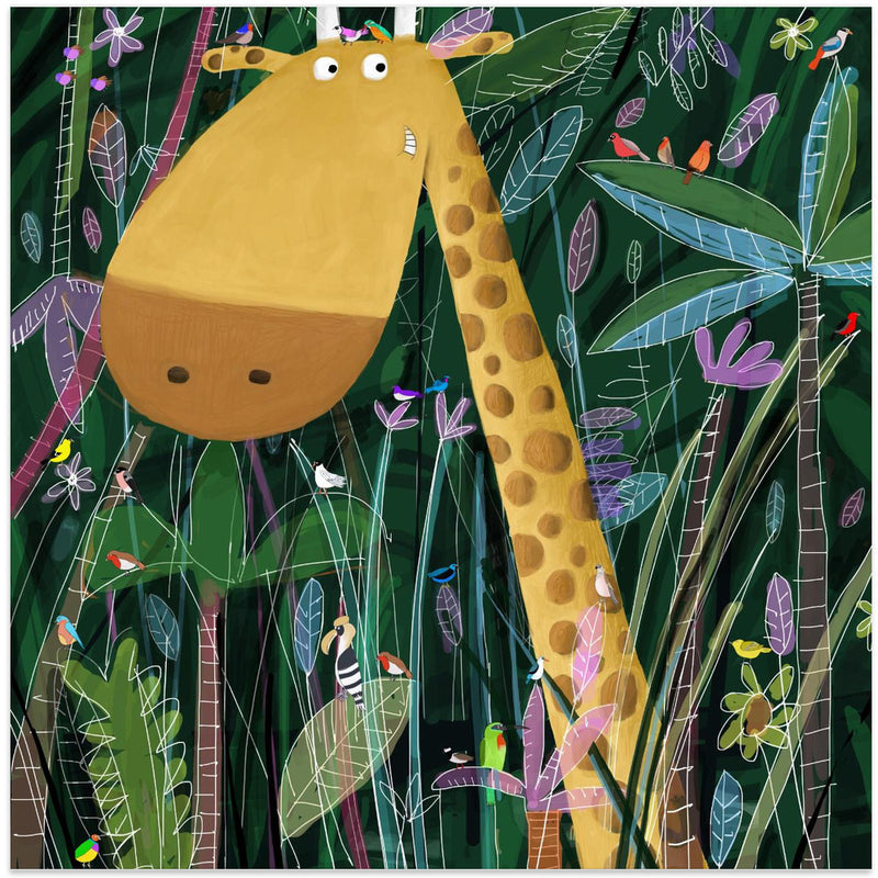 Cute Giraffe Peeks Out of the Jungle by Artist Carla Daly - Square Stretched Canvas, Poster or Fine Art Print I Heart Wall Art