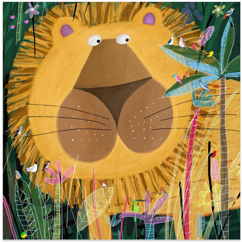 Large Lion Peeks Out of the Jungle Foliage by Artist Carla Daly - Square Stretched Canvas, Poster or Fine Art Print I Heart Wall Art