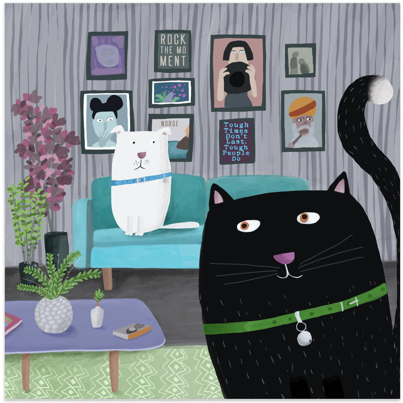 Black Cat and White Dog in Trendy Interior by Carla Daly - Square Stretched Canvas, Poster or Fine Art Print I Heart Wall Art