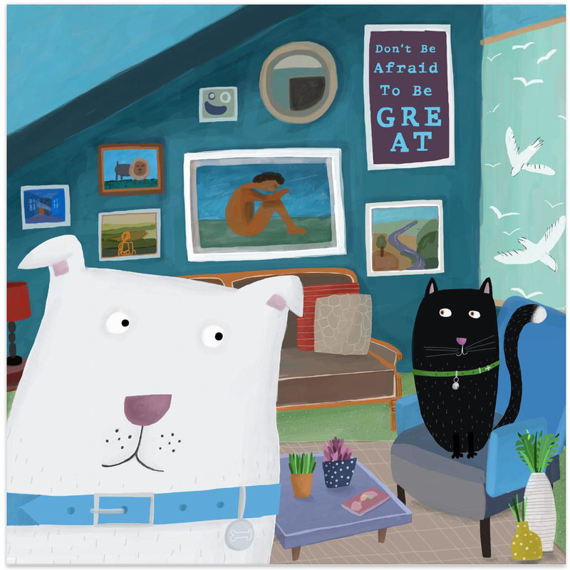 Cute White Dog with Black Cat in Designer Interior - Square Stretched Canvas, Poster or Fine Art Print I Heart Wall Art