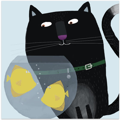 Black Cat Eyeing Up Yellow Fish in fish Bowl by Artist Carla Daly - Square Stretched Canvas, Poster or Fine Art Print I Heart Wall Art