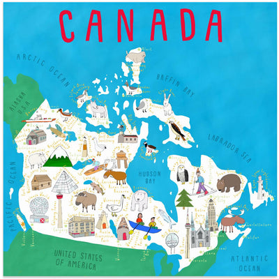 Illustrated Map of Canada by Artist Carla Daly - Square Stretched Canvas, Poster or Fine Art Print I Heart Wall Art