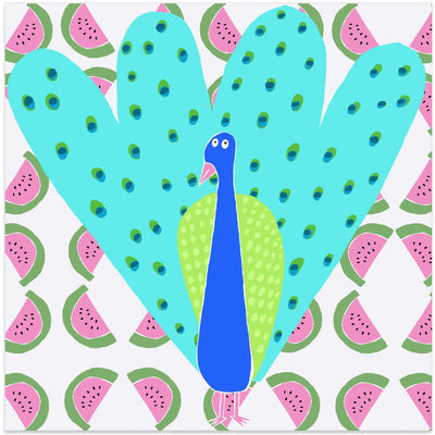 Electric Peacock with Watermelon Pattern by Artist Carla Daly - Square Stretched Canvas, Poster or Fine Art Print I Heart Wall Art