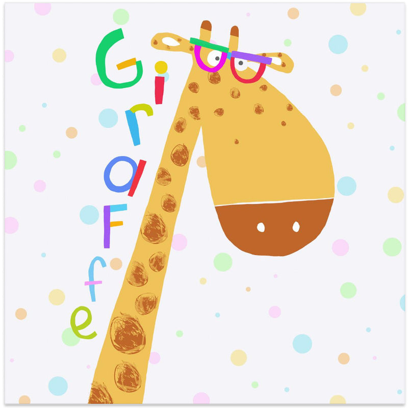 Cute Giraffe Wearing Glasses with Colorful Text by Carla Daly - Square Stretched Canvas, Poster or Fine Art Print I Heart Wall Art