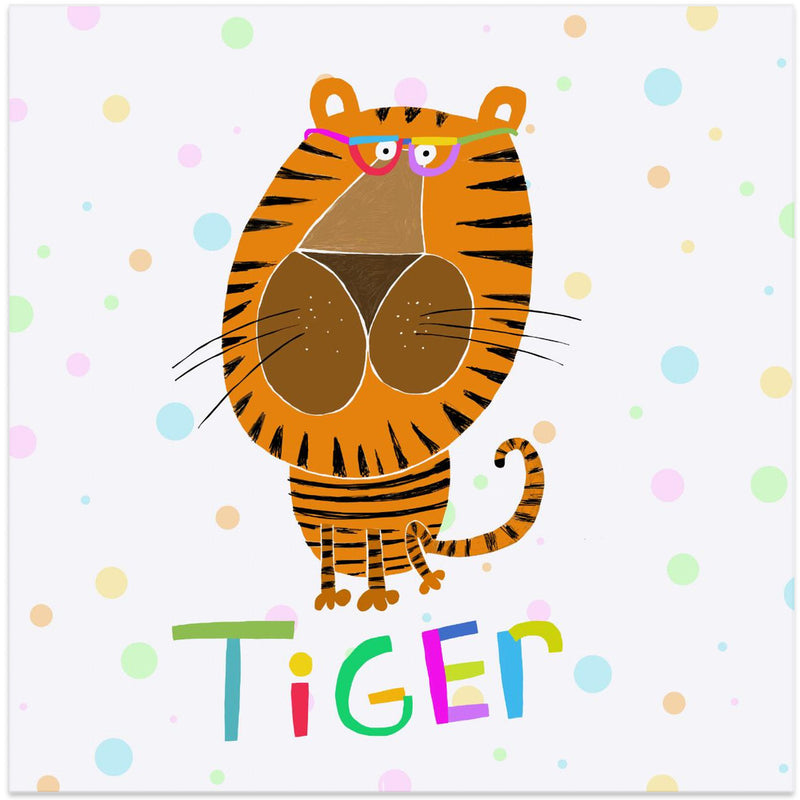 Happy Tiger Wearing Glasses by Illustrator Carla Daly - Square Stretched Canvas, Poster or Fine Art Print I Heart Wall Art