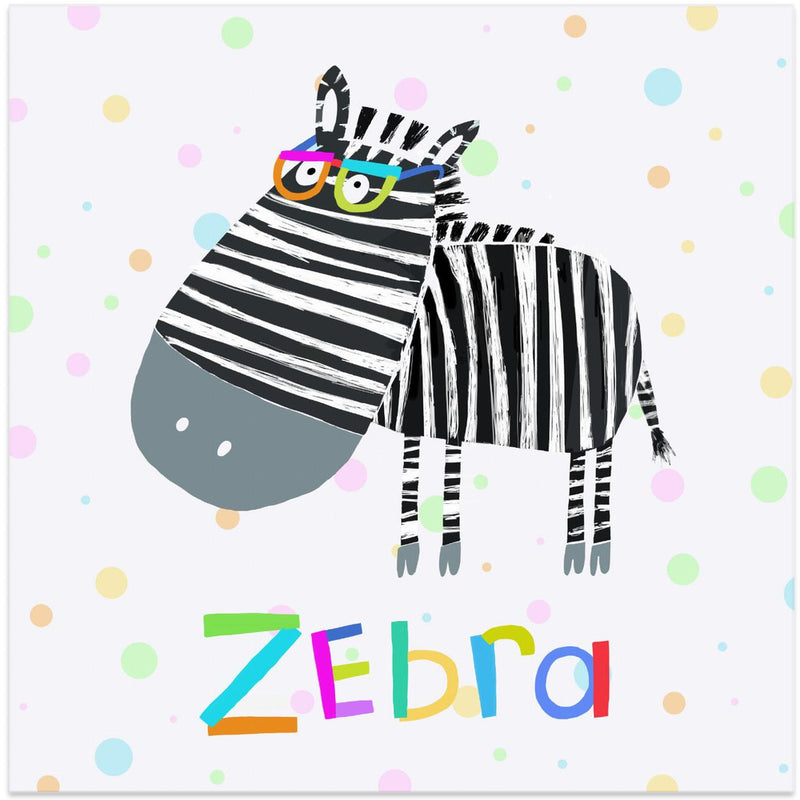 Funny Zebra Wearing Glasses by Illustrator Carla Daly - Square Stretched Canvas, Poster or Fine Art Print I Heart Wall Art