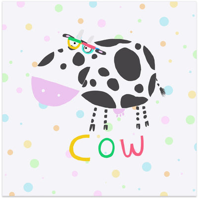 Happy Cow Wearing Colorful Glasses by Illustrator Carla Daly - Square Stretched Canvas, Poster or Fine Art Print I Heart Wall Art