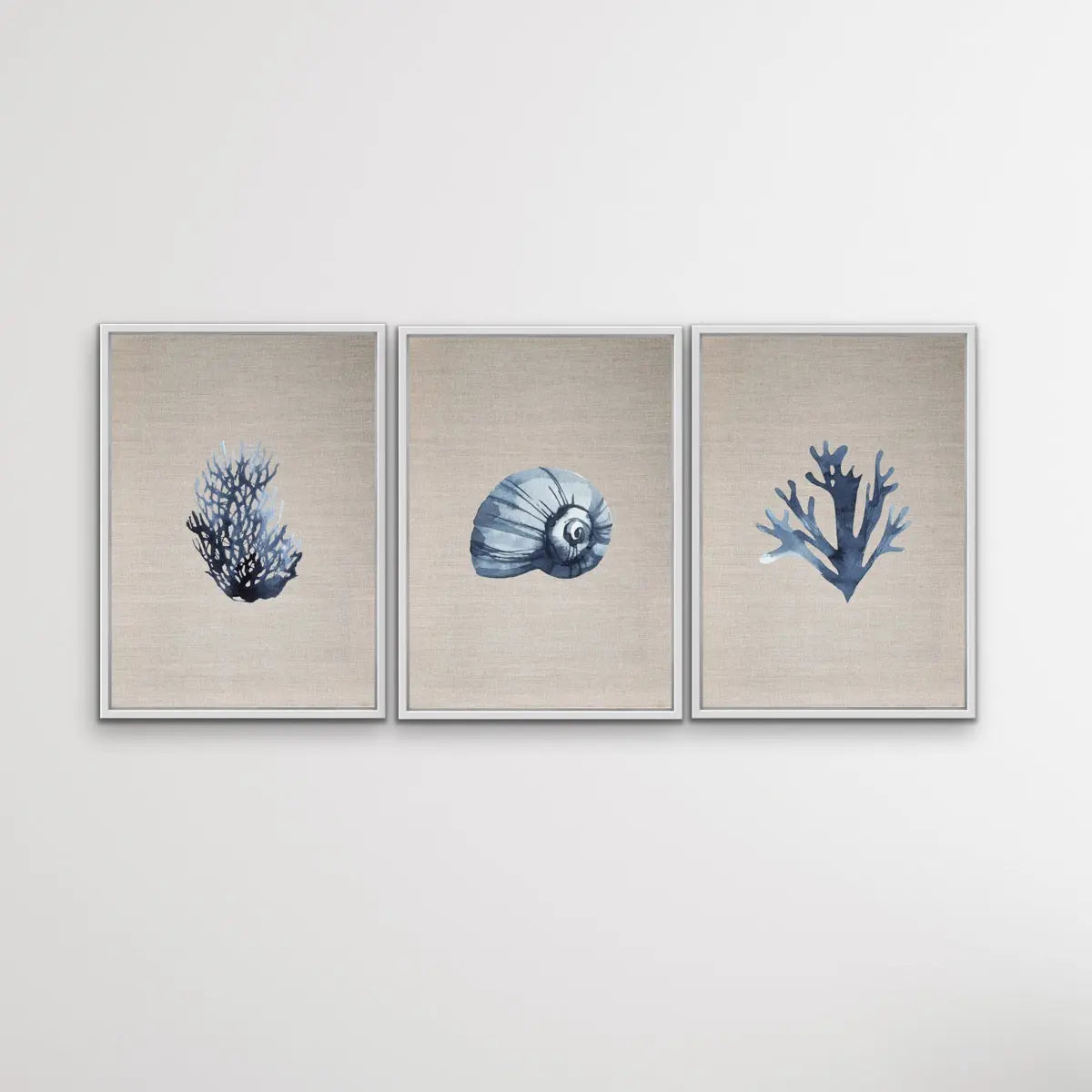 Hamptons Blue Coral on Linen Dark Seaside Wall Art Prints - Three Piece ...