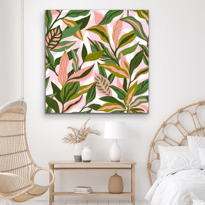Jungle Vibes - Square Pink and Green Jungle Leaf Print Canvas Wall Art ...
