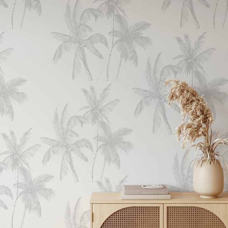 Palm Dreams in White and Grey Wallpaper - White and Light Grey Palm Tree Tropical Removable Peel and Stick or Soak and Stick Wallpaper I Heart Wall Art Australia 