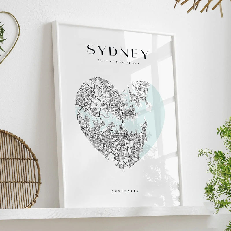 Sydney City Map - Heart, Square Or Round City Map I Heart Wall Art 