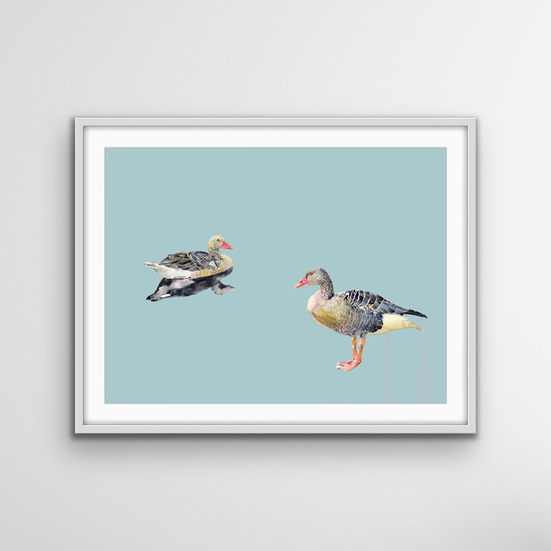 Two Geese - Watercolour Geese on Duck Egg Blue Background Canvas Wall Art Print - I Heart Wall Art