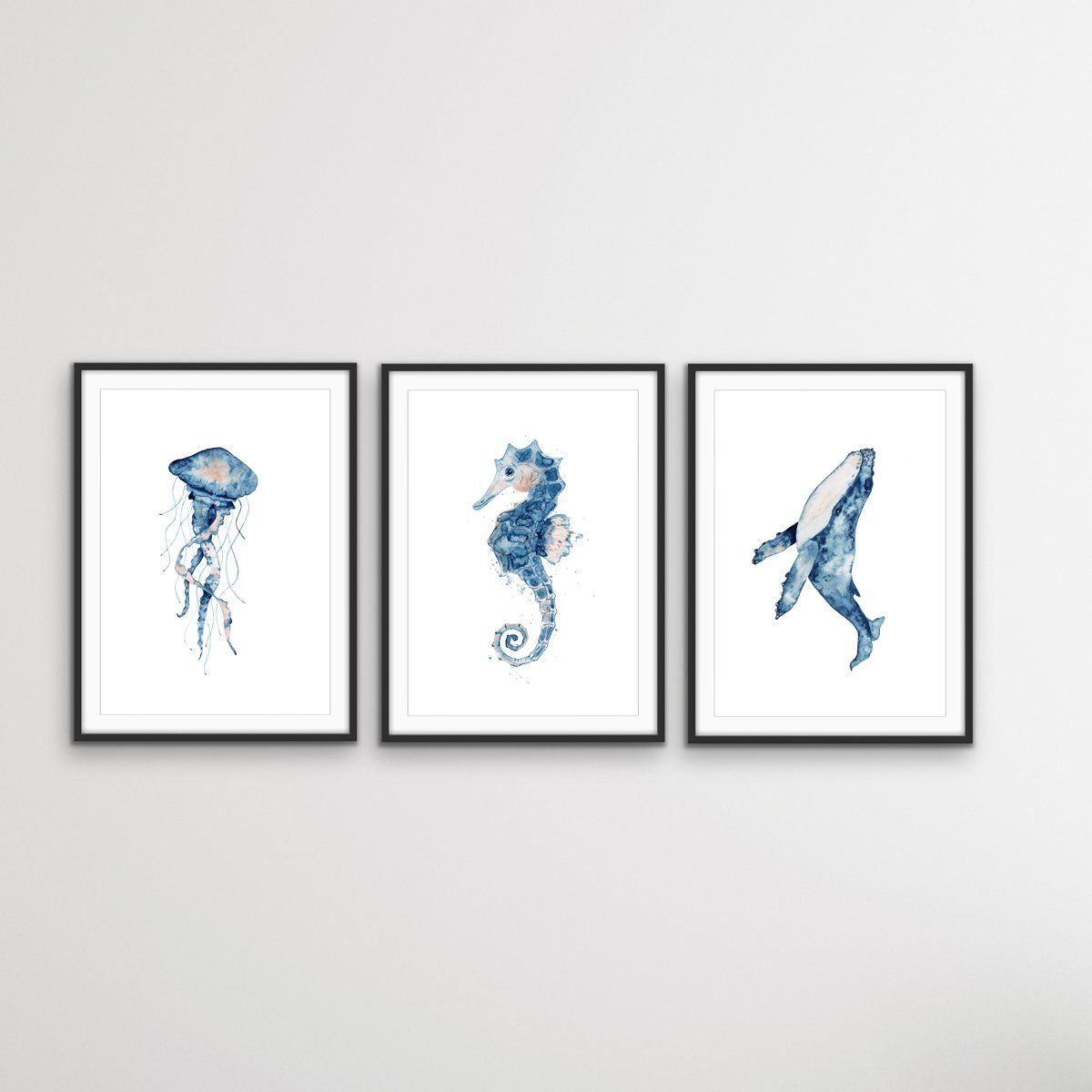 Vast Ocean - Hamptons Three Piece Seahorse Jellyfish Whale Art or ...